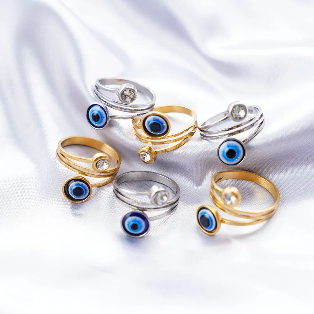 20Pcs/Lot Lucky Blue Devil's Eyes with Heart Rhinestone Pearl Stainless Steel Rings for Men Women Wedding Jewelry Party Gifts