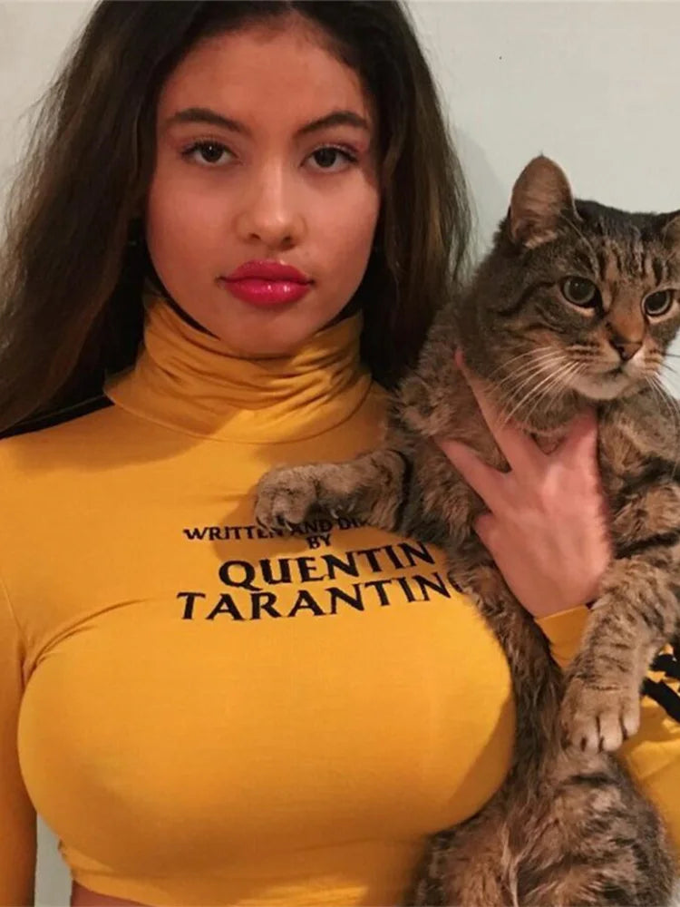 Fashion Quentin Tarantino Sexy Crop Tops Women Side Stripe Long Sleeve Turtleneck Cotton Knitted Short tshirt Lady