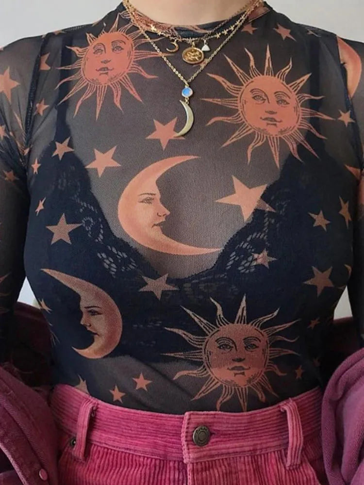 Sun Moon Printed Transparent Mesh Sexy T-Shirt Women O-Neck Long Sleeve Slim Basic Casual Female Tops 2023 Spring New