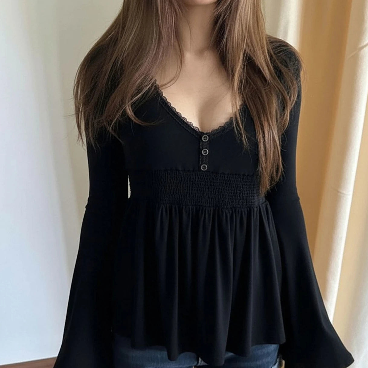 2026 Autumn A-Line Grunge Flare Sleeve Tees Y2k Aesthetics Lace Patchwork T-shirt Women Harajuku Casual Vintage Pleated Tops