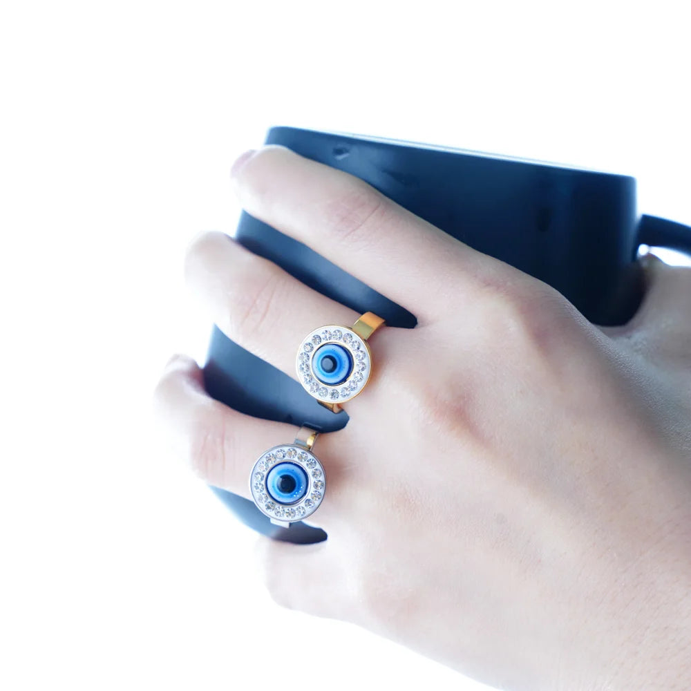 20Pcs/Lot Lucky Blue Devil's Eyes with Heart Rhinestone Pearl Stainless Steel Rings for Men Women Wedding Jewelry Party Gifts