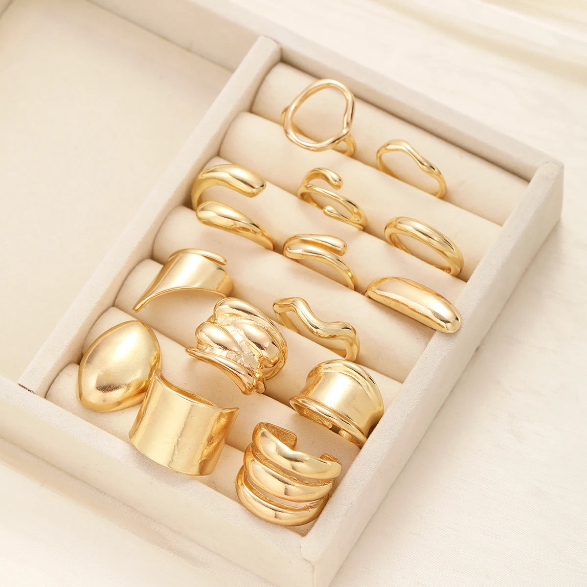 14pcs Exaggerated Smooth Rings Set For Women Fashion Simple Gold Color Geometric Asymmetrical Wide Face Ring Casual Jewelry Gift