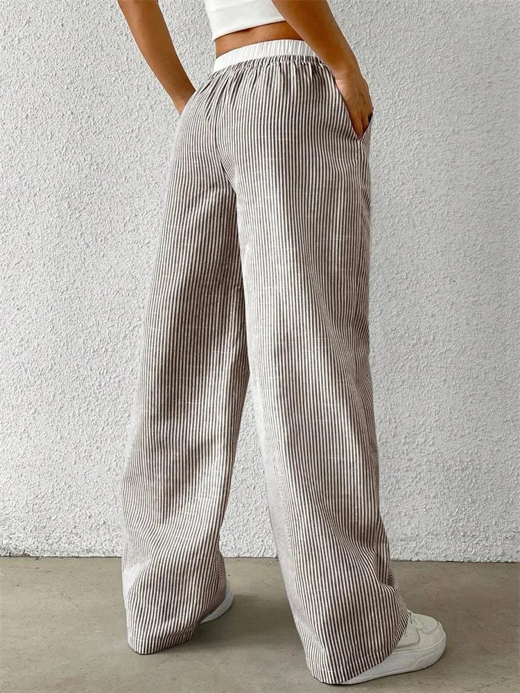 Casual Striped Woven Wide Leg Pants for Women Autumn Winter Casual Stylish Full Length Trousers Y2K Clothes Streetwear