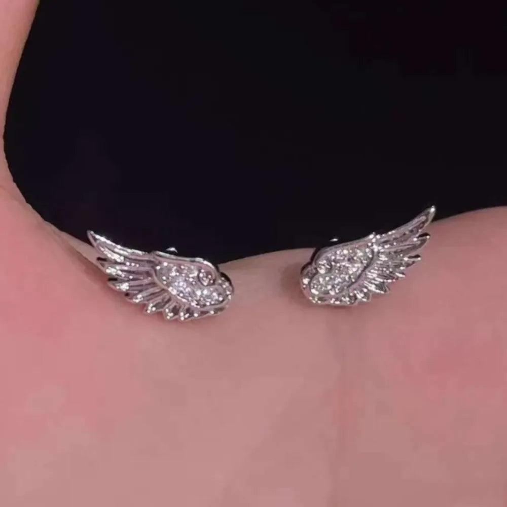 Personality Shiny Zircon Angel Wings Stud Earrings for Women Men Couple Multiple Ear Holes Fold Wear Ear Bone Stud Jewelry Gifts