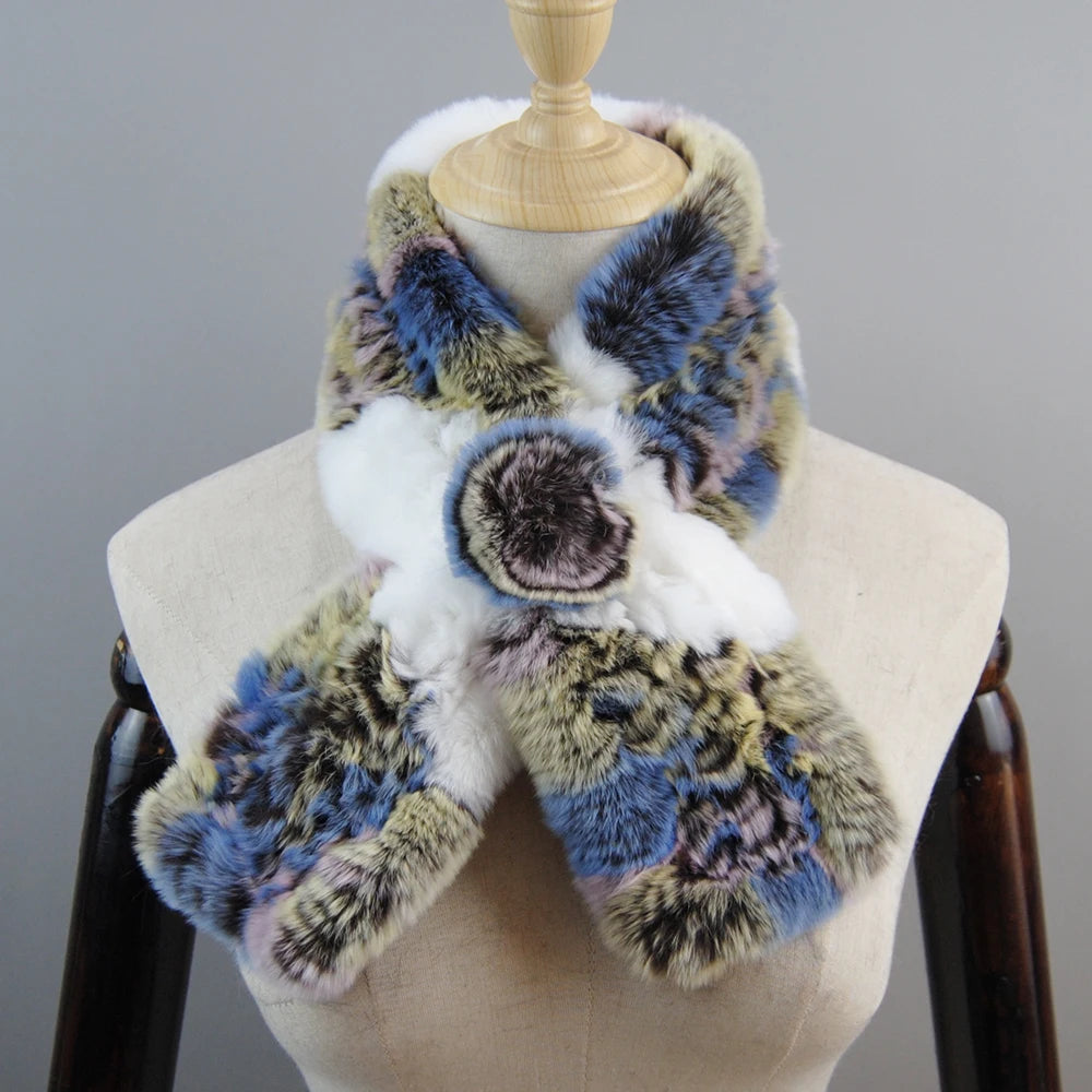 New Russian Women Knit Real Rex Rabbit Fur Scarf Lady Fashion Floral Rex Rabbit Fur Mufflers Hot Winter Warm Natural Fur Scarves