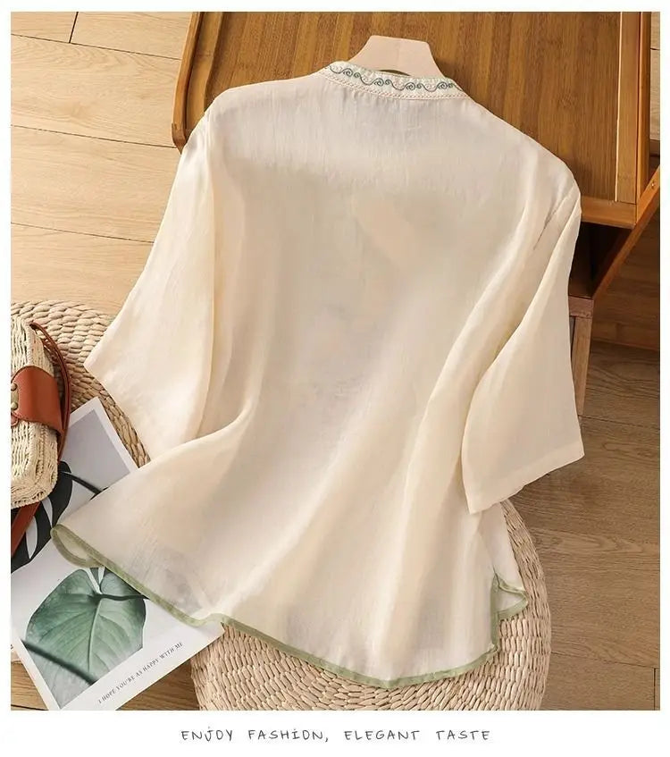 Loose Embroidered T-Shirts Women's Clothes Summer Vintage Woman Tshirt Casual Cotton Linen Ethnic Style Ladies T Shirt Blusas
