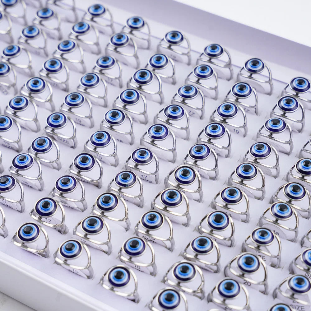 20Pcs/Lot Lucky Blue Devil's Eyes with Heart Rhinestone Pearl Stainless Steel Rings for Men Women Wedding Jewelry Party Gifts