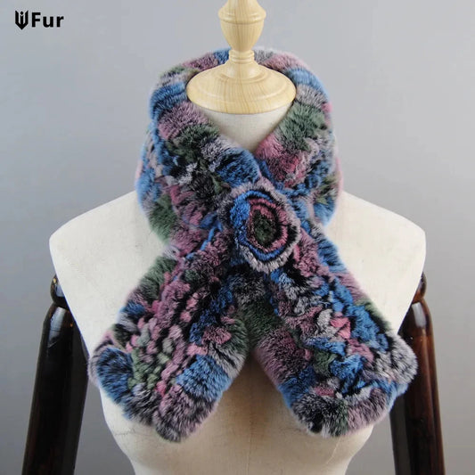 New Russian Women Knit Real Rex Rabbit Fur Scarf Lady Fashion Floral Rex Rabbit Fur Mufflers Hot Winter Warm Natural Fur Scarves