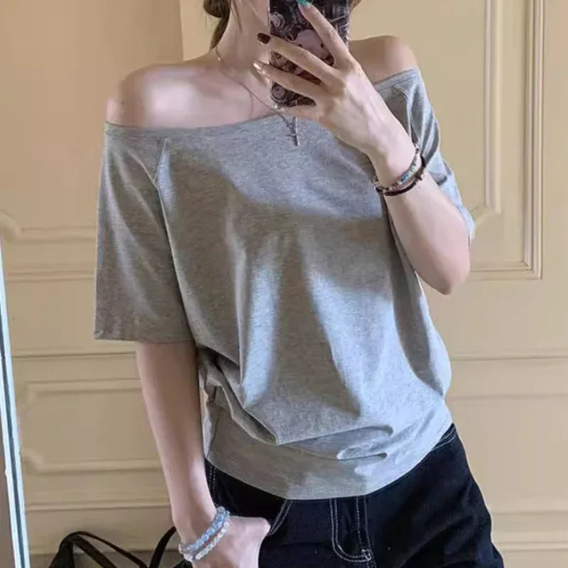 Y2k Top Aesthetic Clothes Ins T-shirts Women Solid Simple Summer Casual Cleanfit Short Sleeve All-match Young Girls Streetwear
