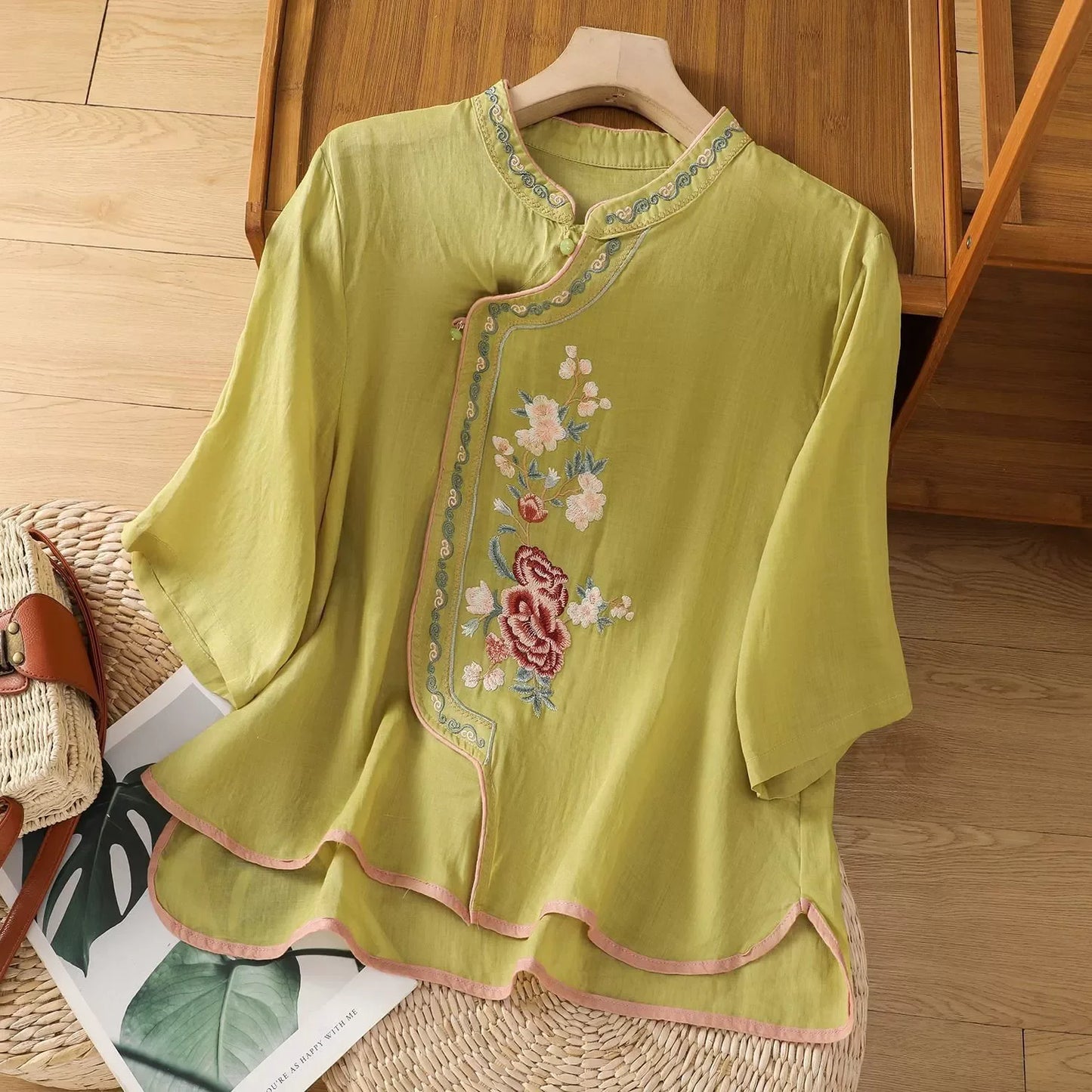 Loose Embroidered T-Shirts Women's Clothes Summer Vintage Woman Tshirt Casual Cotton Linen Ethnic Style Ladies T Shirt Blusas