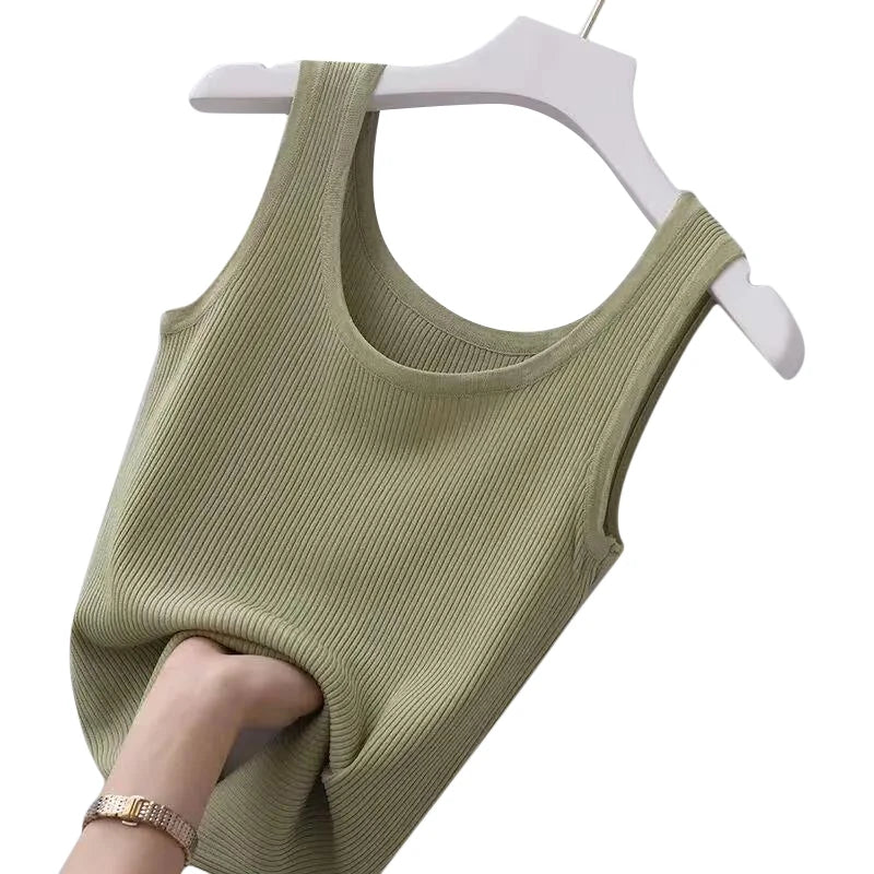 Slim Sleeveless Women 2024 NEW Casual T-shirts Women's Summer Inner Ice Silk Bottoming Tank Tops O-neck Solid Knit Sweater Vest