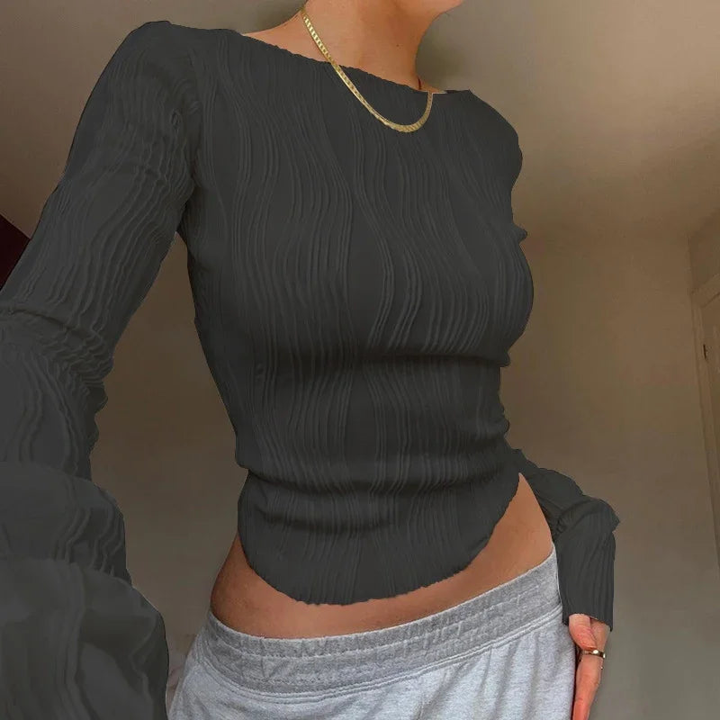2024 Autumn Ruched Long Sleeve T Shirts Women Casual White Skinny Black Basic Tee Fashion Street Cropped Top Y2K Clothes T-shirt