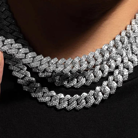 14MM Diamond Cuban Link Chain Men Women Iced Out 2 Row Rhinestone Paved Rhombus Prong Cuban Necklaces Hip Hop Jewelry