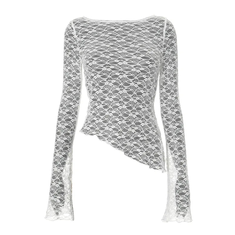 2025 Spring And Summer Women'S New Solid Color Lace Slant Hem Sexy Long Sleeve T-Shirt Top Fashion Spice Girl Lace Tops