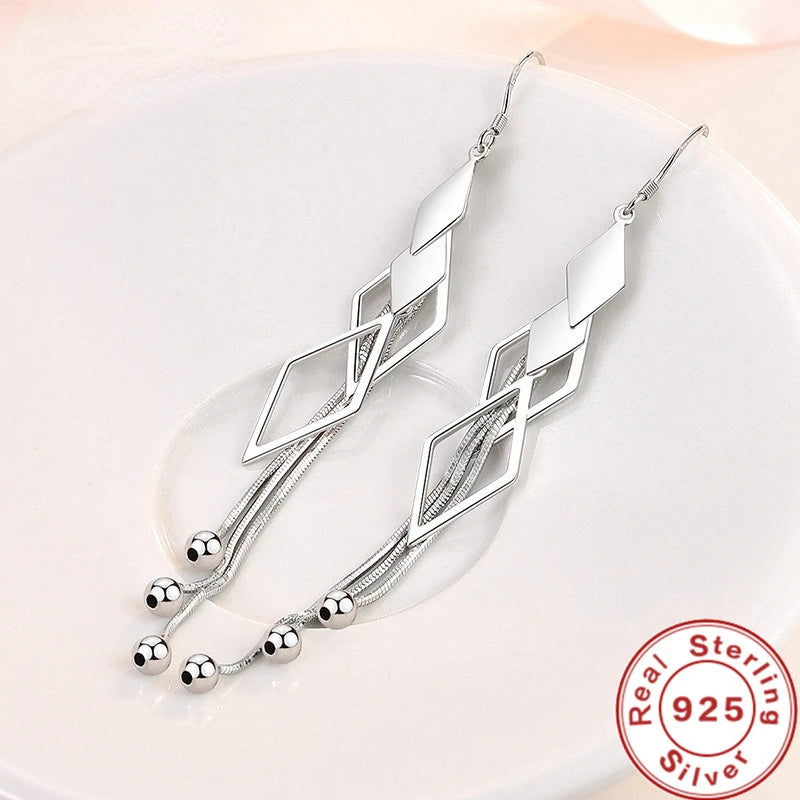 SAIYE  Fashion 925 Sterling Silver Long Earrings Diamond-Shaped Geometric Earrings For Women'S Wedding Charm Jewelry Gifts