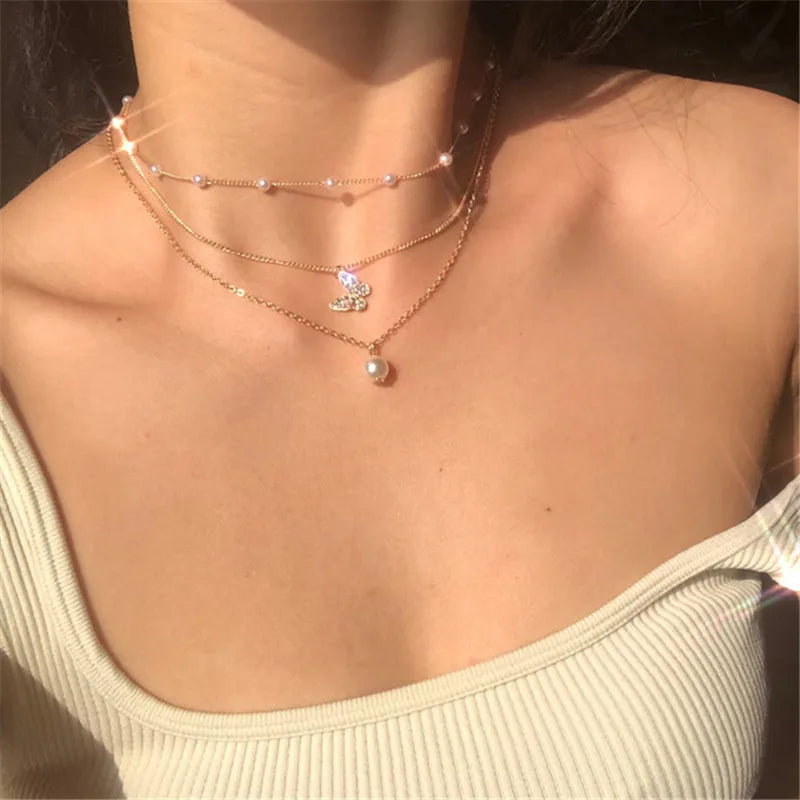LETAPI 2025 New Fashion Simple Silver Color Choker Necklaces for Women Three Layer Chain Heart Pendant Necklace Jewelry Gift