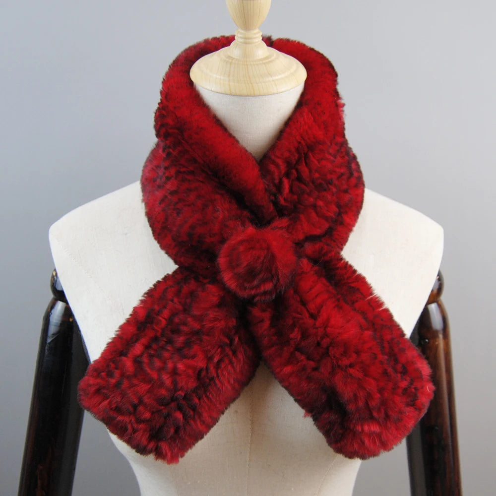 New Russian Women Knit Real Rex Rabbit Fur Scarf Lady Fashion Floral Rex Rabbit Fur Mufflers Hot Winter Warm Natural Fur Scarves