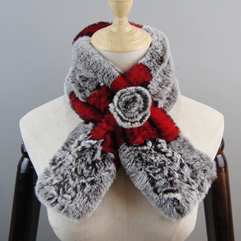 New Russian Women Knit Real Rex Rabbit Fur Scarf Lady Fashion Floral Rex Rabbit Fur Mufflers Hot Winter Warm Natural Fur Scarves