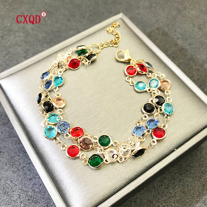 Beautiful Fashion Multicolor Stainless Steel Lobster Clasp Glass Copper Combination Golden Bracelets For Women Girls Kids Gift