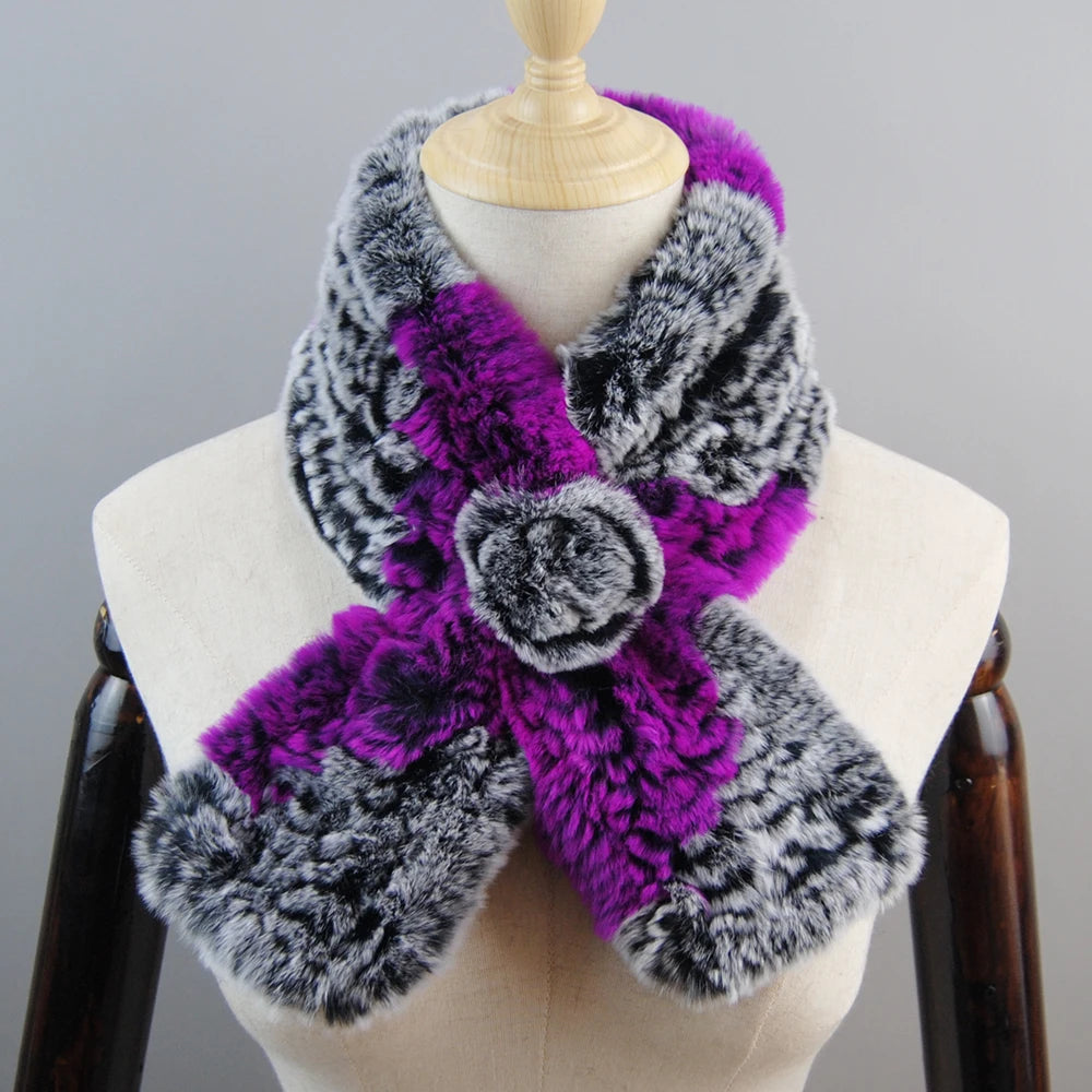 New Russian Women Knit Real Rex Rabbit Fur Scarf Lady Fashion Floral Rex Rabbit Fur Mufflers Hot Winter Warm Natural Fur Scarves