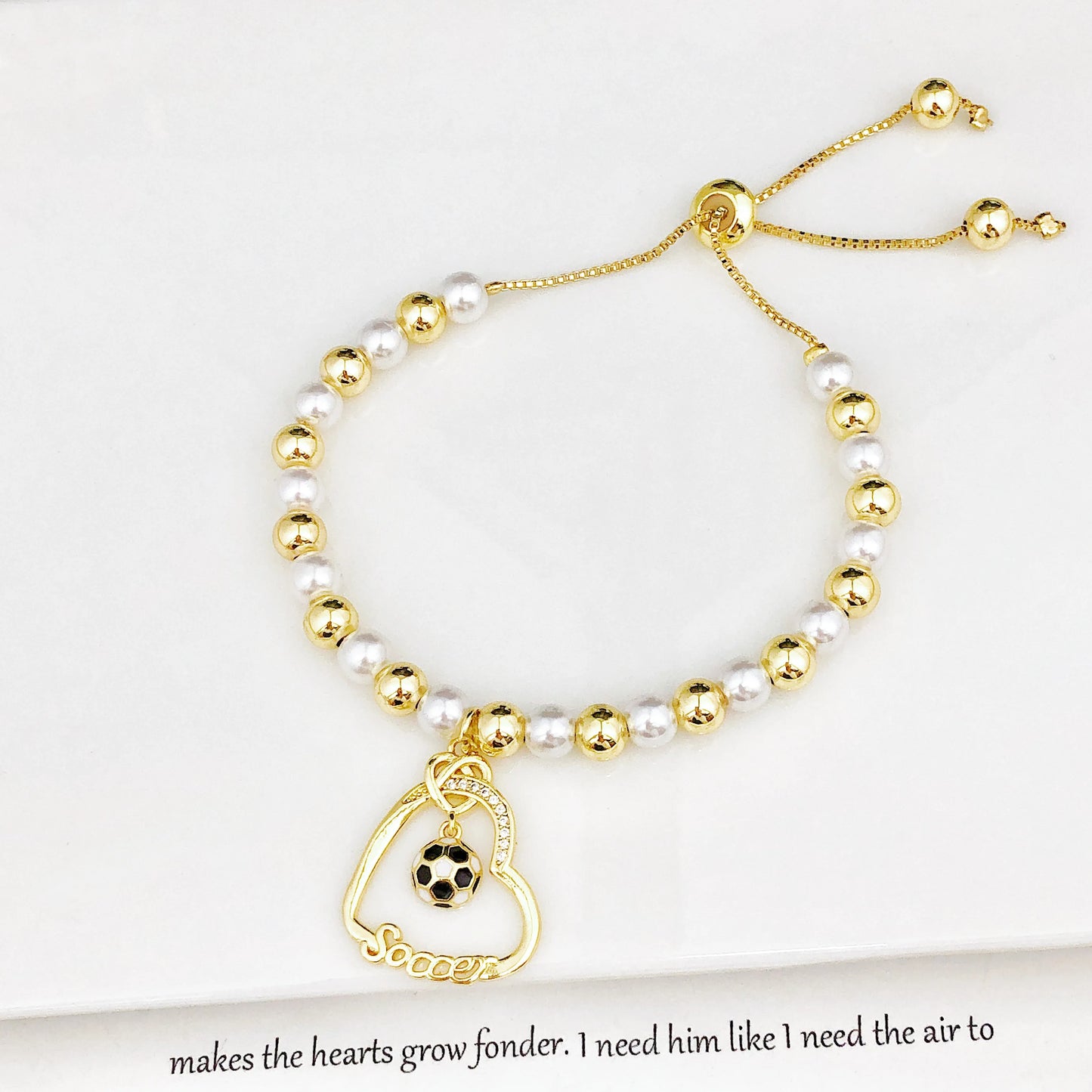 New Design Heart-Shaped Enamel Art Football Copper Bead Chain Adjustable Bracelet for Men Women Sports Style Jewelry Accessories