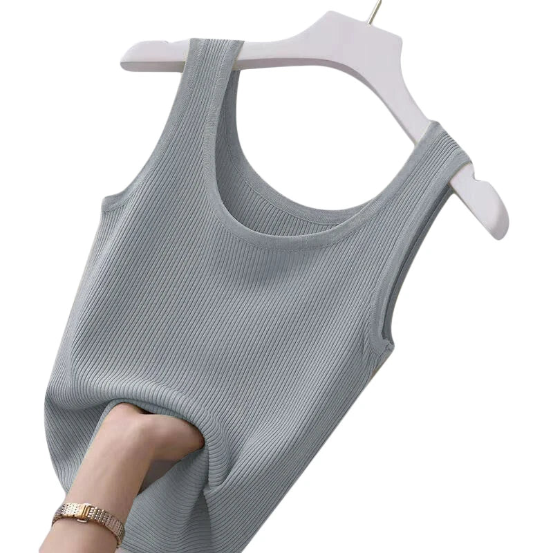 Slim Sleeveless Women 2024 NEW Casual T-shirts Women's Summer Inner Ice Silk Bottoming Tank Tops O-neck Solid Knit Sweater Vest
