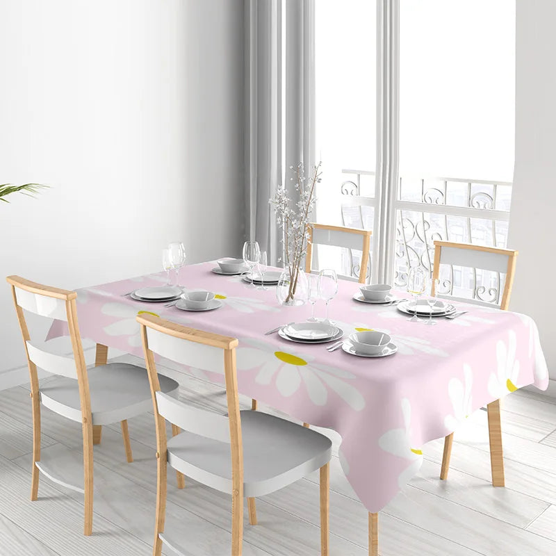 Pink White Floral Tablecloth with Yellow Accents for Home Decor in Dining Room or Kitchen Square Shaped 150X240cm (Large)