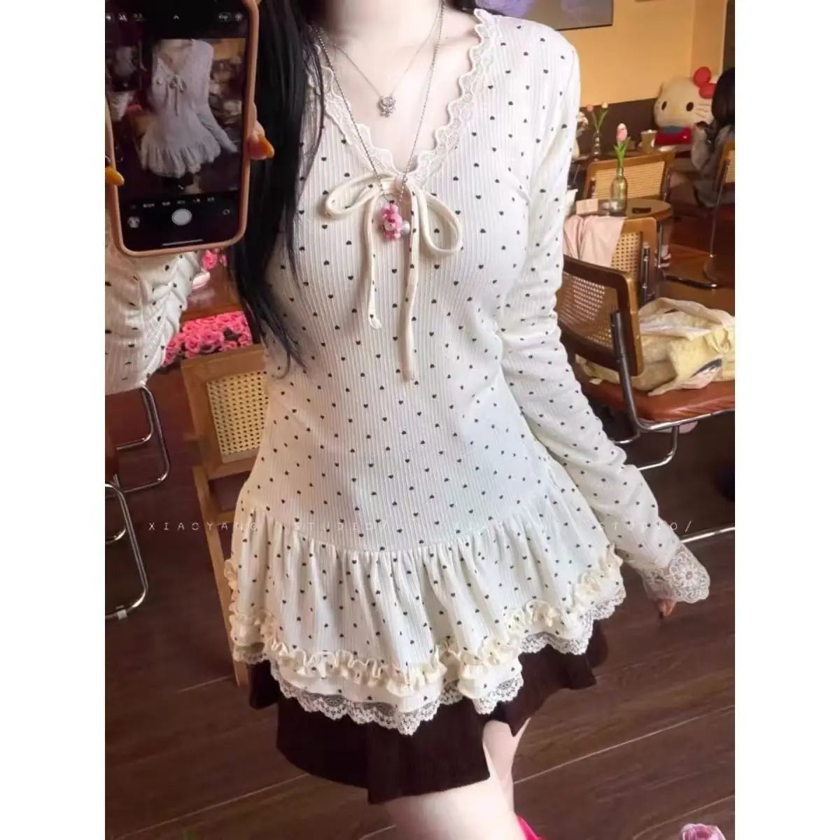 2026 Autumn A-Line Grunge Flare Sleeve Tees Y2k Aesthetics Lace Patchwork T-shirt Women Harajuku Casual Vintage Pleated Tops