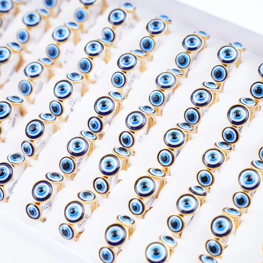 20Pcs/Lot Lucky Blue Devil's Eyes with Heart Rhinestone Pearl Stainless Steel Rings for Men Women Wedding Jewelry Party Gifts