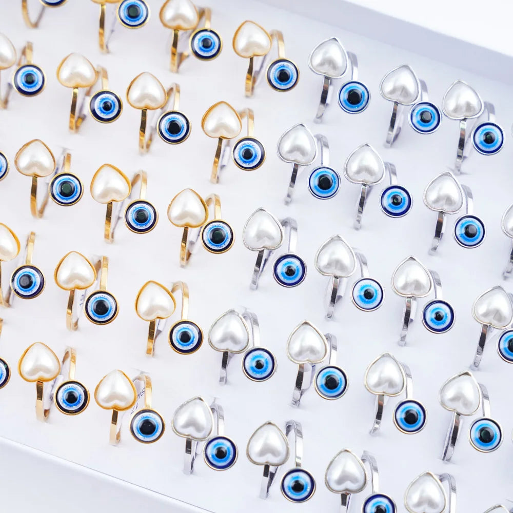 20Pcs/Lot Lucky Blue Devil's Eyes with Heart Rhinestone Pearl Stainless Steel Rings for Men Women Wedding Jewelry Party Gifts