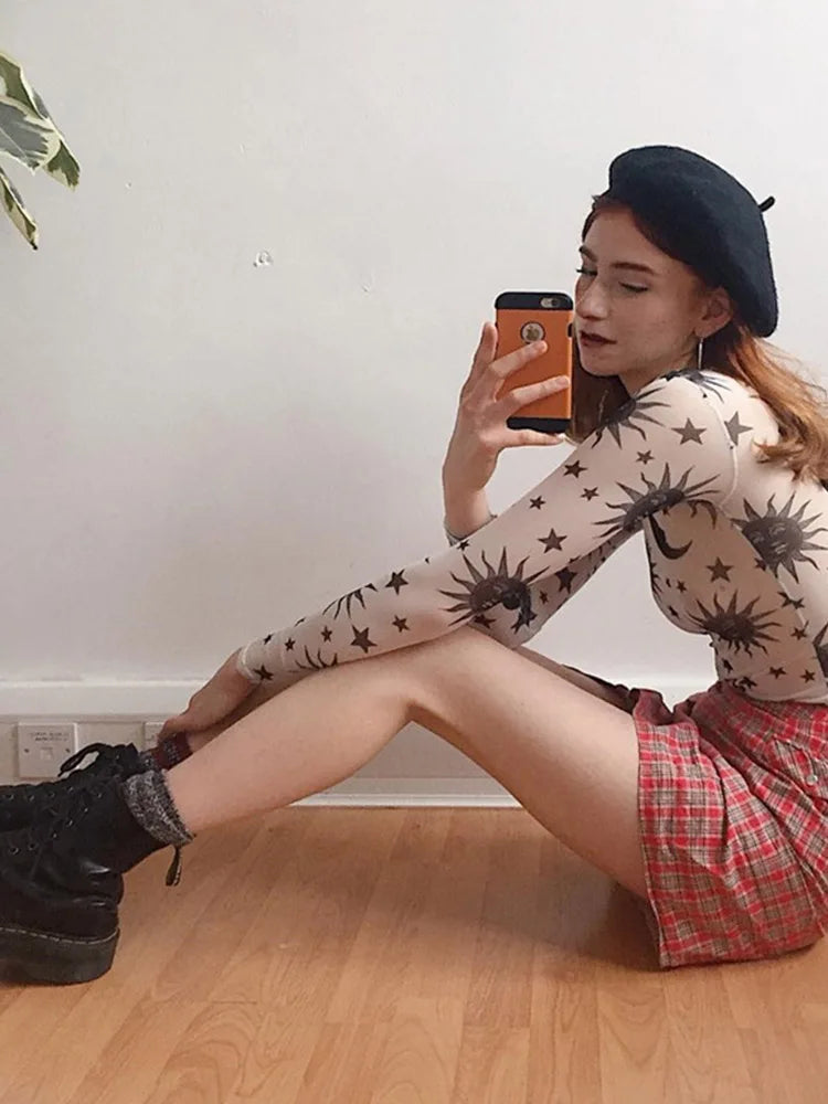 Sun Moon Printed Transparent Mesh Sexy T-Shirt Women O-Neck Long Sleeve Slim Basic Casual Female Tops 2023 Spring New
