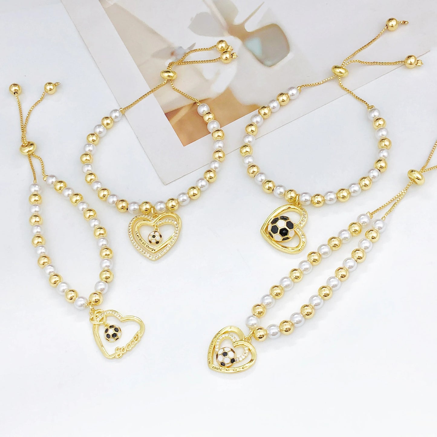 New Design Heart-Shaped Enamel Art Football Copper Bead Chain Adjustable Bracelet for Men Women Sports Style Jewelry Accessories