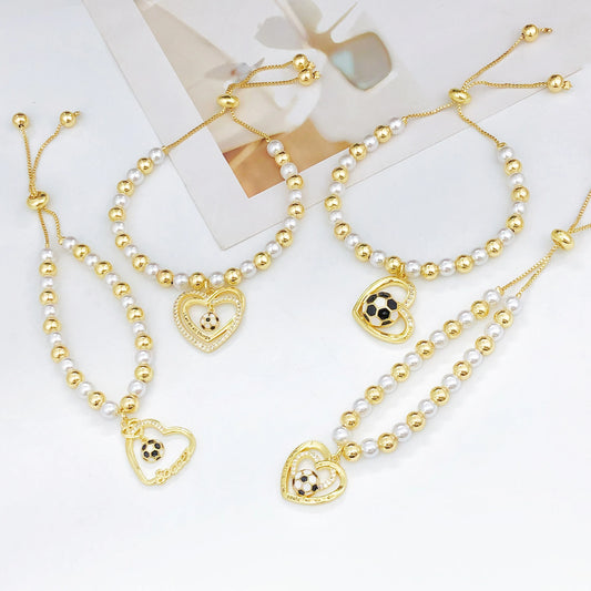 New Design Heart-Shaped Enamel Art Football Copper Bead Chain Adjustable Bracelet for Men Women Sports Style Jewelry Accessories