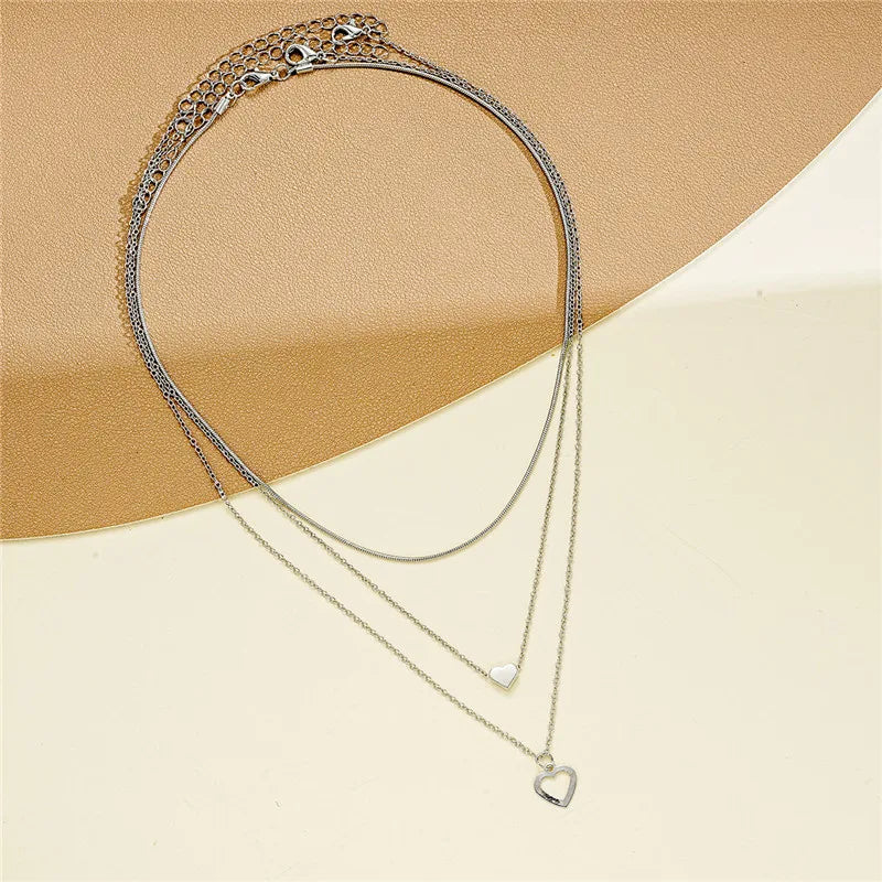 LETAPI 2025 New Fashion Simple Silver Color Choker Necklaces for Women Three Layer Chain Heart Pendant Necklace Jewelry Gift