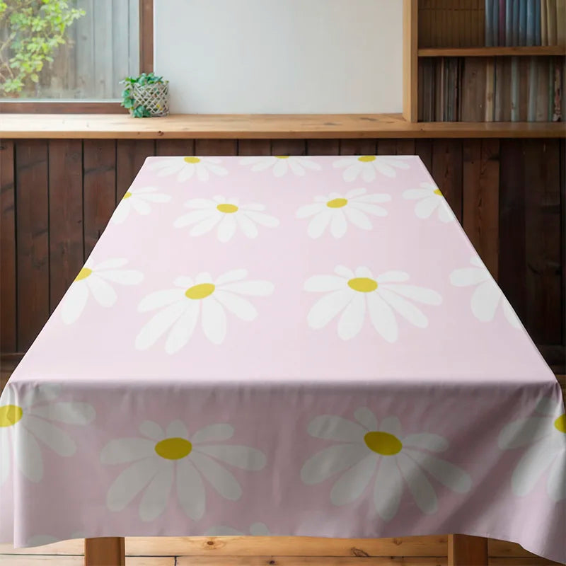 Pink White Floral Tablecloth with Yellow Accents for Home Decor in Dining Room or Kitchen Square Shaped 150X240cm (Large)