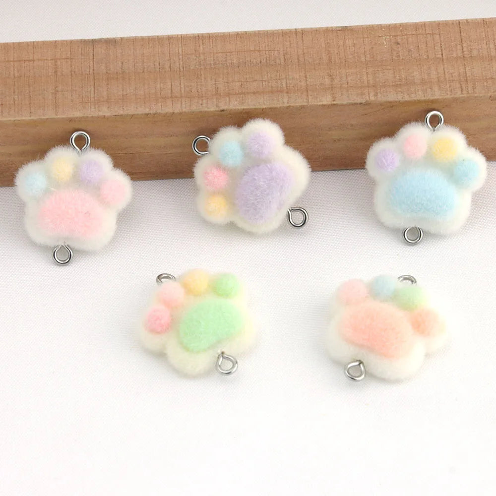 10pcs Flocked Cat Paw Charms Connectors Cute Plush Link Pendant for DIY Necklace Keychain Bracelet Jewelry Making Accessories