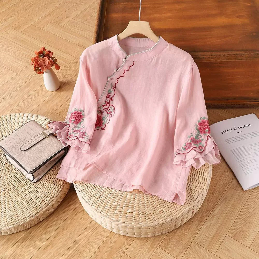 Loose Embroidered T-Shirts Women's Clothes Summer Vintage Woman Tshirt Casual Cotton Linen Ethnic Style Ladies T Shirt Blusas