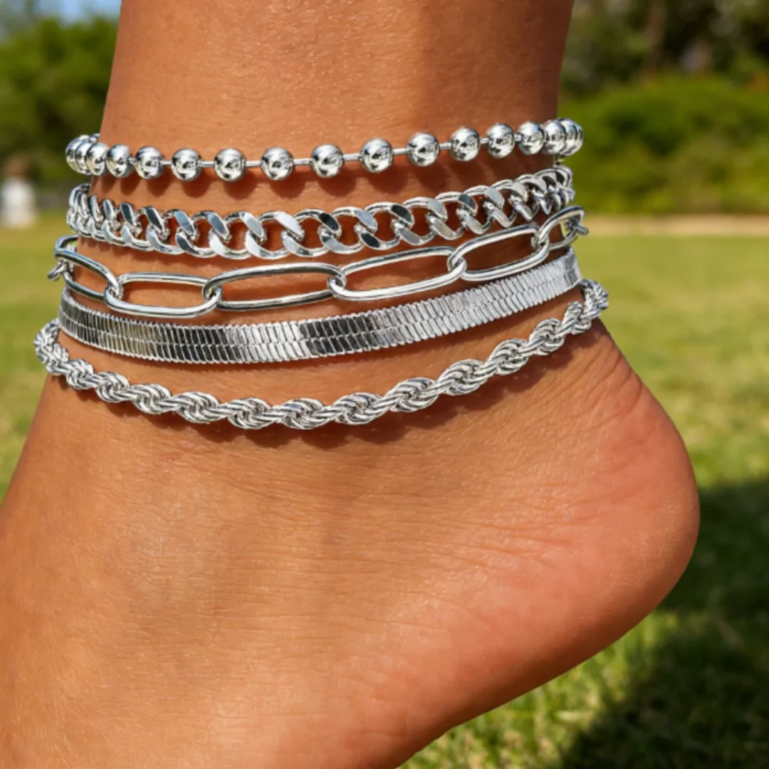 5 Piece Set Silver Personalized Anklets New Alloy Decorations Combination Foot Jewelry Fashion Ankle Accessories for Women Beach