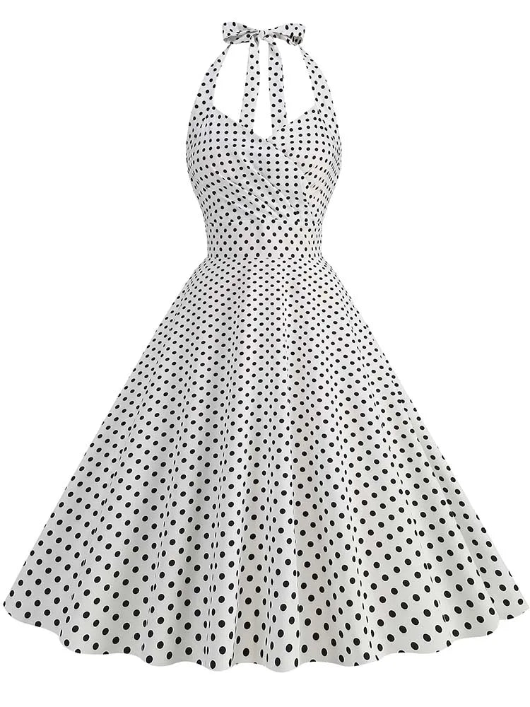 Elegant Polka Dot Party Dress Women Summer Halter High Waist 50s Vintage Fit and Flare Backless Retro Dresses