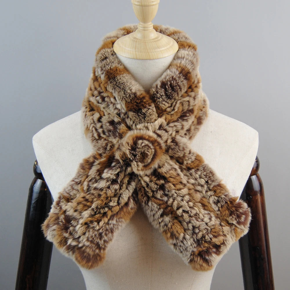 New Russian Women Knit Real Rex Rabbit Fur Scarf Lady Fashion Floral Rex Rabbit Fur Mufflers Hot Winter Warm Natural Fur Scarves