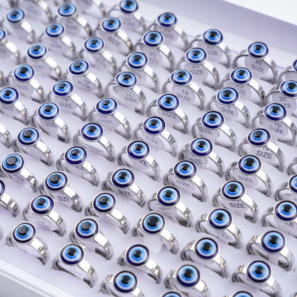 20Pcs/Lot Lucky Blue Devil's Eyes with Heart Rhinestone Pearl Stainless Steel Rings for Men Women Wedding Jewelry Party Gifts
