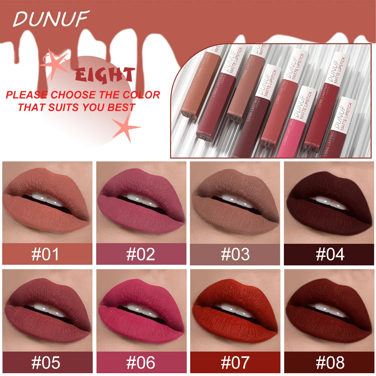 8 Colors Matte Waterproof Lip Gloss Sexy Red Not Fade Liquid Lipstick Long Lasting Velvet Lip Glaze Earth Brown Non Stick Makeup