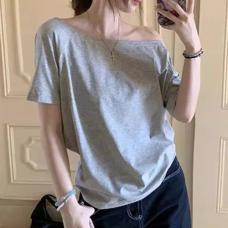 Y2k Top Aesthetic Clothes Ins T-shirts Women Solid Simple Summer Casual Cleanfit Short Sleeve All-match Young Girls Streetwear
