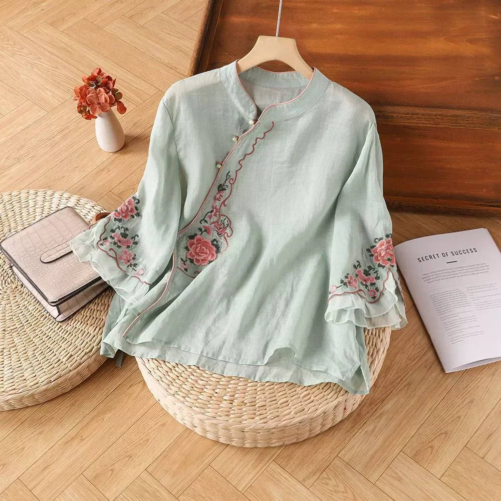 Loose Embroidered T-Shirts Women's Clothes Summer Vintage Woman Tshirt Casual Cotton Linen Ethnic Style Ladies T Shirt Blusas