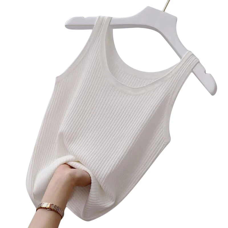 Slim Sleeveless Women 2024 NEW Casual T-shirts Women's Summer Inner Ice Silk Bottoming Tank Tops O-neck Solid Knit Sweater Vest