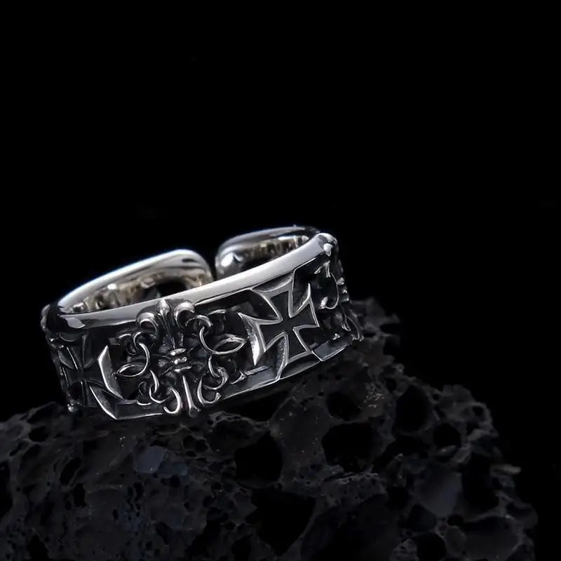 Hip Hop Punk Ring Retro Cross Opening Design Niche Men's Jewelry Adjustable Statement Ring Gothic Style Accessory Unisex