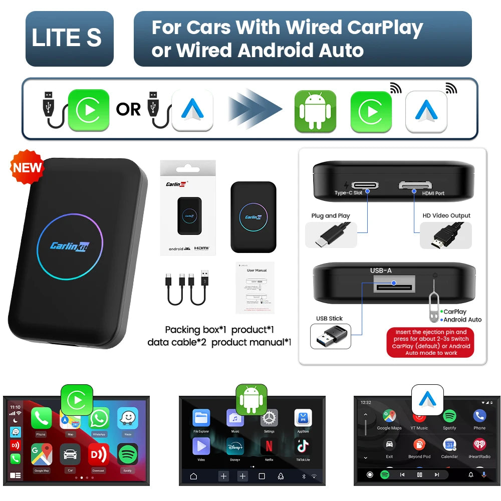 CarlinKit LITE S Android TV Box 5-In-1 Wireless CarPlay Wireless Android Auto HDMI Video Output Support Netflix IPTV For OEM Car