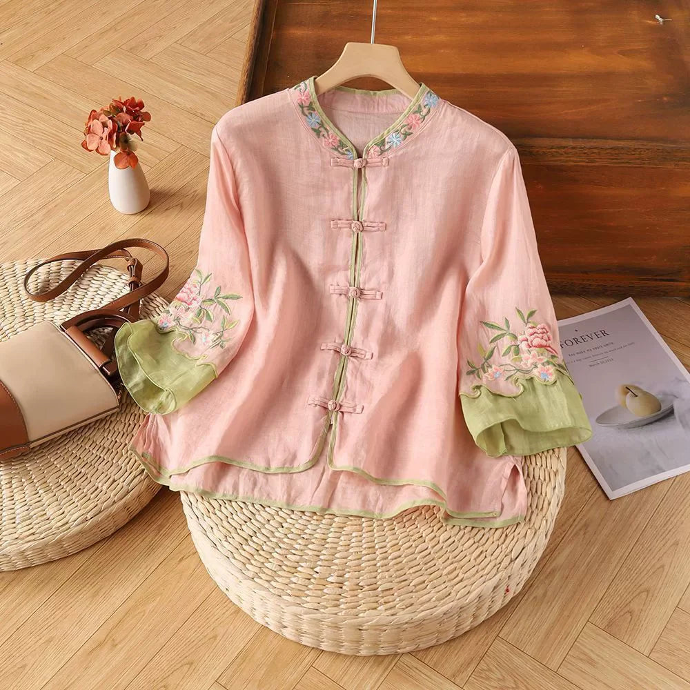 Loose Embroidered T-Shirts Women's Clothes Summer Vintage Woman Tshirt Casual Cotton Linen Ethnic Style Ladies T Shirt Blusas