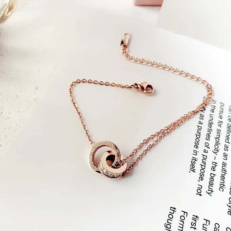Luxury Simple Titanium Steel With Zircon Bracelet For Women Girls Circles Roman Number Design Fashion Charm Party Jewelry Gift