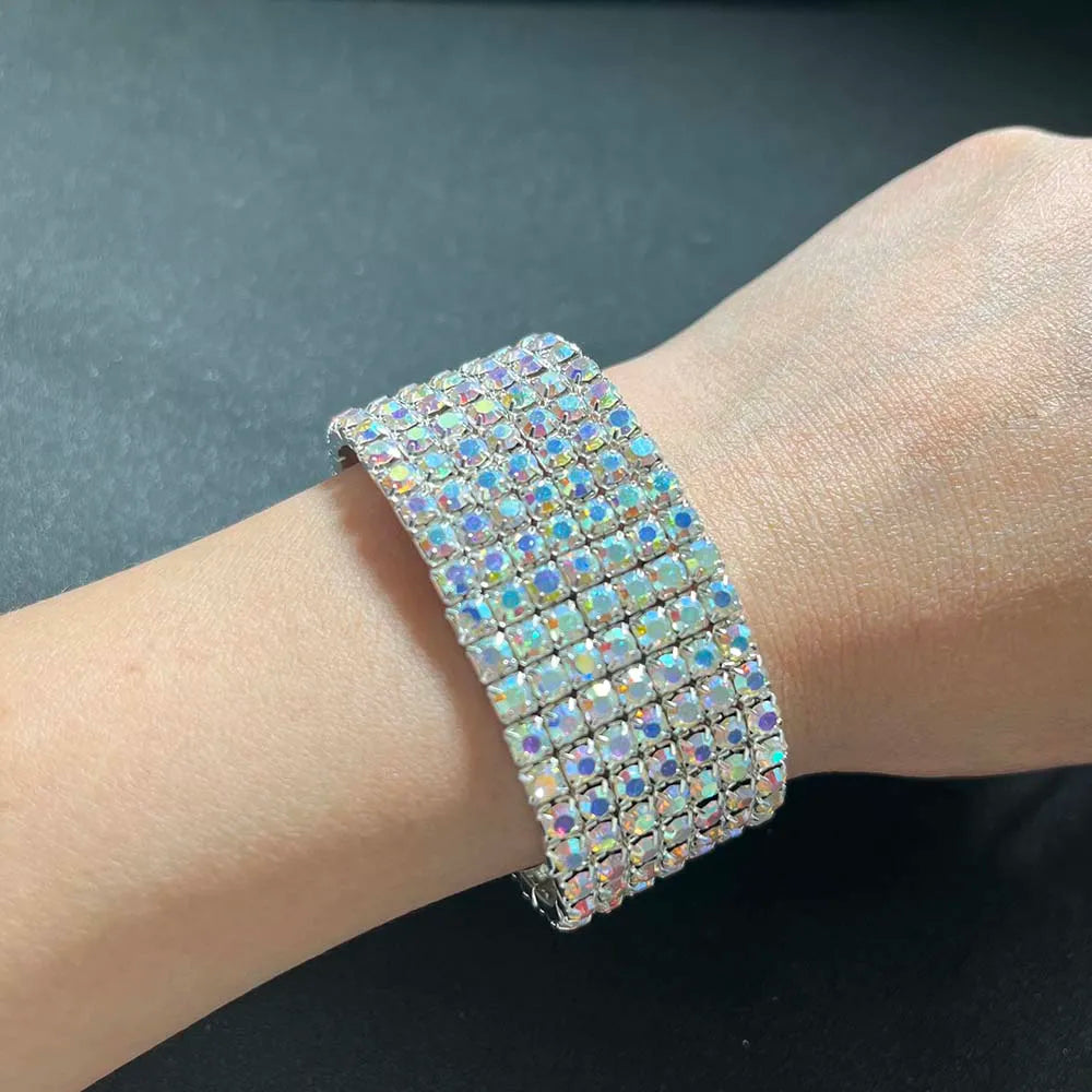 TREAZY Stunning AB Color Rhinestones Wedding Bangles Silver Plated Crystal Stretch Bracelet for Women Wristband Elastic Jewelry